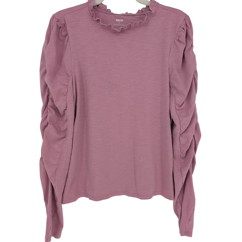Maeve Anthropologie Ruched Long Sleeve Tee Large Mauve Ruffle Neck Coquette Boho